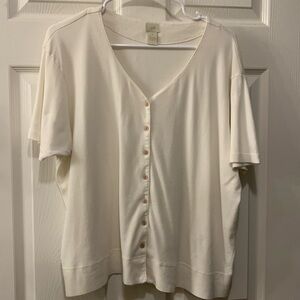 J JILL KNIT TOP WINTER WHITE SZ XL 100% COTTON SHORT SLEEVES/BUTTON FRONT/BAND